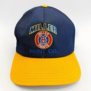 Vintage 90s Miller Paint Co Mens Blue Yellow Adjustable Snapback Hat Made In USA